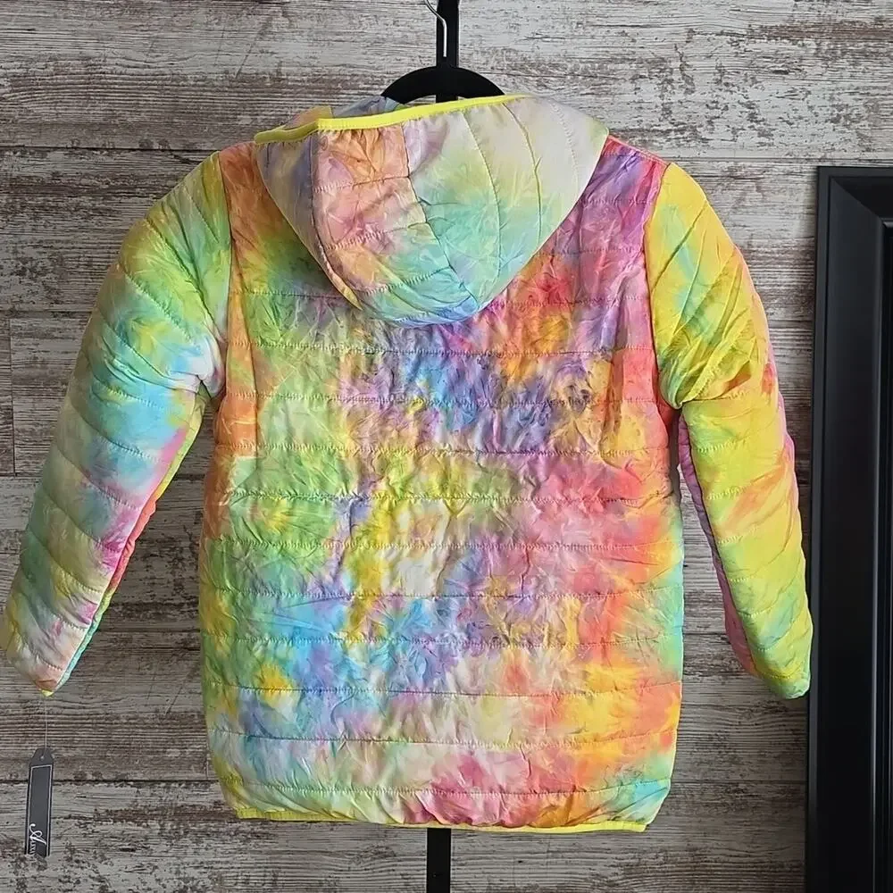 Alexa Rae Hooded Yellow Tie Dye Puffer Jacket Kids Size Medium 12/14 NWT